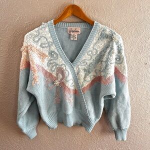 Vintage Granny Chic Embellished Sweater Coquette Bows 80s 90s